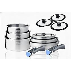 Batterie de cuisine inox 11 pieces avec 2 manches amovibles et 3 couvercles en silicone Arthur Martin AM2700
