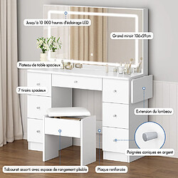 ALFORDSON Coiffeuse avec miroir, 7 tiroirs et prises de courant, ensemble de coiffeuse avec tabouret de rangement et plateau pliable, 3 modes d'éclair