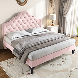 Sommier à Lattes 140x190 Cm – Velours Rose – Lit Plateforme
