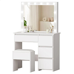 ALFORDSON Ensemble de coiffeuse avec miroir, 4 tiroirs et tabouret de rangement, lumières LED réglables, bureau de 90 cm de longueur