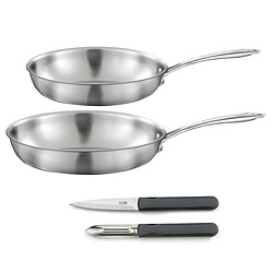 Cuisinox Gourmet - Set 2 poêles 24-28cm inox, 1 éplucheur et 1 couteau office