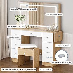 ALFORDSON Coiffeuse avec miroir, 7 tiroirs et prises de courant, ensemble de coiffeuse avec tabouret de rangement et plateau pliable, 3 modes d'éclair