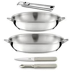 Cuisinox Eclipse - Set 2 poêles 24/28cm inox, 1 poignée amovible inox, 1 éplucheur et 1 couteau office