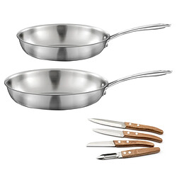Cuisinox Gourmet - Lot de 2 poêles inox 24 et 28 cm, 1 coffret 4 couteaux de cuisine