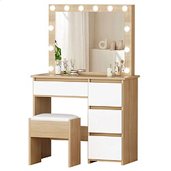 ALFORDSON Ensemble de coiffeuse avec miroir, 4 tiroirs et tabouret de rangement, lumières LED réglables, bureau de 90 cm de longueur