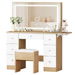 ALFORDSON Coiffeuse avec miroir, 7 tiroirs et prises de courant, ensemble de coiffeuse avec tabouret de rangement et plateau pliable, 3 modes d'éclair