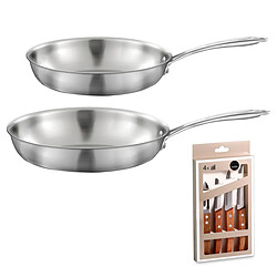 Cuisinox Gourmet - Lot de 2 poêles inox 24 et 28 cm, 1 coffret 4 couteaux de cuisine