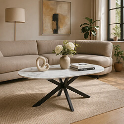 Homy France Table basse MANON Métal Noir & Céramique Marbre Blanc 120x60 cm