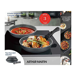 Avis Batterie de cuisine ARTHUR MARTIN AM521GM Set de 3 poeles - Gris Mat 20-24-28 cm + 1 poignée amovible - Tous feux dont inductio
