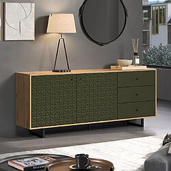 Mes Buffet 2 portes 3 tiroirs décor chêne et vert - RYA