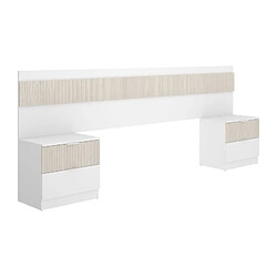 Ss Marque Tete de lit avec 2 tables de chevet a 2 tiroirs - Lamelles / Blanc - 248 x 34,2 x 96 cm