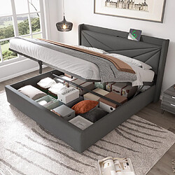 modfu Lit coffre 180x200 cm avec lattes, lit adulte avec USB Type C, en lin, gris