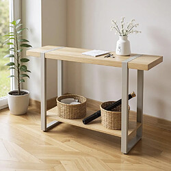 Pegane Table console meuble d'entrée coloris Chêne naturel et métal gris - Longueur 120 x Profondeur 30 x Hauteur 82 cm