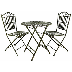 L'Héritier Du Temps Salon de Jardin Achille Salon de Thé 2 Places Table et Chaises Pliables Fer Patiné Vert Ancien