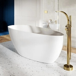 BESCO Baignoire îlot de 160 x 70 cm - Blanc Mat - avec Siphon Dorée - GOYA