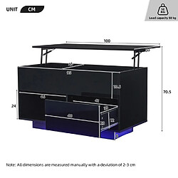 DZMDIP Table Basse Relevable - Noir - 100x50x55cm - Espace de Rangement - Éclairage LED Intégré