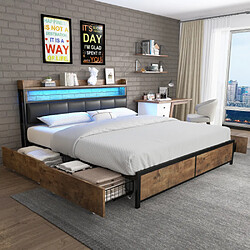 modfu Lit adulte 140x200 cm avec 4 tiroirs, sommier à lattes, tête de lit et LED, en similicuir,noir Lit adulte 140x200 cm, avec 4 tiroirs, sommier à lattes, tête de lit et LED, fonction rangement, en similicuir,noir, sans matelas