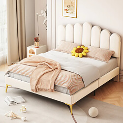 modfu Lit adulte 140x200 cm avec tête de lit et lattes, en velours, beige