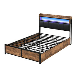 modfu Lit adulte 140x200 cm avec 4 tiroirs, sommier à lattes, tête de lit et LED, en similicuir,noir pas cher