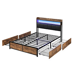 Acheter modfu Lit adulte 140x200 cm avec 4 tiroirs, sommier à lattes, tête de lit et LED, en similicuir,noir