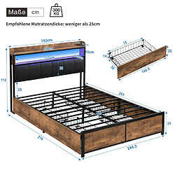 Avis modfu Lit adulte 140x200 cm avec 4 tiroirs, sommier à lattes, tête de lit et LED, en similicuir,noir