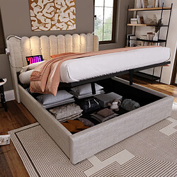 modfu Lit coffre 160x200 cm, lit double avec lattes, lampe, en lin, naturel