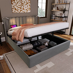 modfu Lit coffre 160x200 cm, lit double avec lattes,lampe, en velours, gris