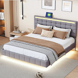 modfu Lit adulte 160x200 cm, flottant, LED, tête de lit, en lin, gris Lit adulte 160x200 cm, lit double avec cadre de lit flottant, LED et design de tête de lit, en lin, gris, sans matelas