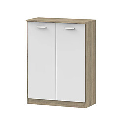 Pegane Armoire auxiliaire meuble multi-usages basse à 2 portes coloris Blanc et Chêne cambrien - Longueur 74 x Profondeur 36 x Hauteur 101 cm