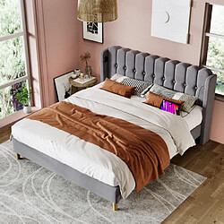 modfu Lit adulte 180x200 cm avec USB Type C, sommier à lattes, en lin, gris