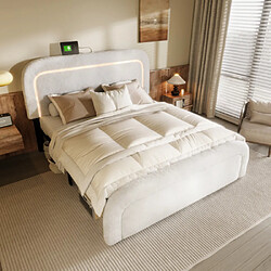 modfu Lit adulte 160x200 cm avec USB Type-C, LED, tête de lit, sommier à lattes, en tissu, blanc