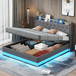 modfu Lit coffre 160x200 cm avec USB, LED, rangement, en lin, gris