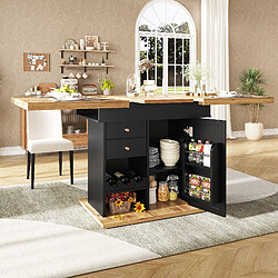 OKWISH Table 110-140 x 80 x 75 cm - Table avec étagères - Noir+Naturel