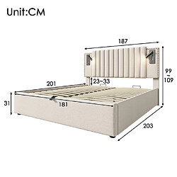 Avis modfu Lit coffre 180x200 cm avec lampe, tête de lit, dossier et sommier à lattes, en coton, beige
