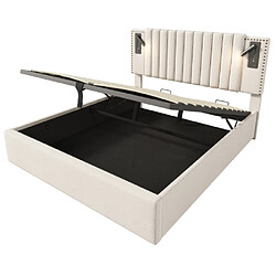 modfu Lit coffre 180x200 cm avec lampe, tête de lit, dossier et sommier à lattes, en coton, beige pas cher