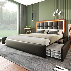 modfu Lit adulte 160x200 cm avec LED, 4 tiroirs et tête de lit, en similicuir, noir