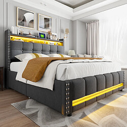 modfu Lit adulte 160x200 cm avec LED, USB, tête de lit, 4 tiroirs, en lin, gris