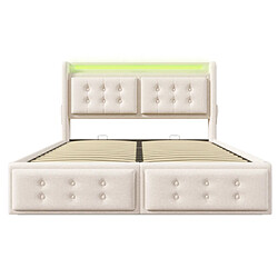 Acheter modfu Lit coffre 180x200 cm avec tête de lit LED et USB C, sommier à lattes, en coton, beige