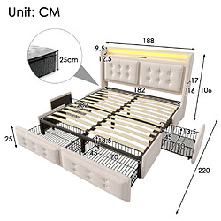 Avis modfu Lit adulte 180x200 cm avec tête de lit LED, USB C, 4 tiroirs et sommier à lattes, en coton, beige