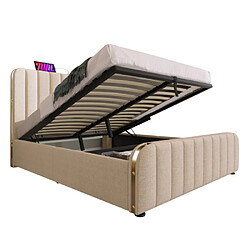 modfu Lit coffre 140x200 cm avec tête de lit et USB Type-C, en lin, beige pas cher