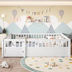 redom Lit Enfant 140x190 cm - Lit Enfant Double Avec Barrière - Blanc