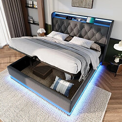 modfu Lit coffre 160x200 cm avec LED et USB Type-C, en lin, gris