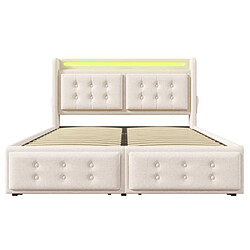 modfu Lit adulte 180x200 cm avec tête de lit LED, USB C, 4 tiroirs et sommier à lattes, en coton, beige pas cher