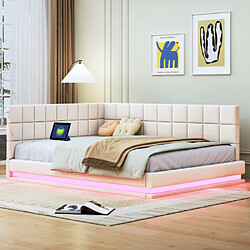 modfu Lit adulte 140x200 cm avec LED, USB et sommier à lattes, en velours, beige