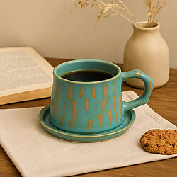 Avis Set de 4 tasses à café 300 ml avec soucoupes – Céramique bleue artisanale – Style Wabi-Sabi – Decopine