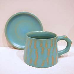 Set de 4 tasses à café 300 ml avec soucoupes – Céramique bleue artisanale – Style Wabi-Sabi – Decopine pas cher
