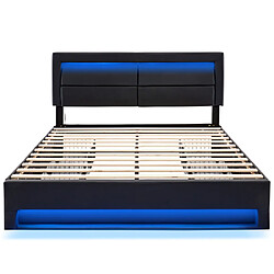 Acheter modfu Lit adulte 140x200 cm avec USB, LED et 4 tiroirs, en similicuir, noir
