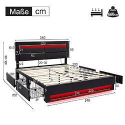 Avis modfu Lit adulte 140x200 cm avec USB, LED et 4 tiroirs, en similicuir, noir