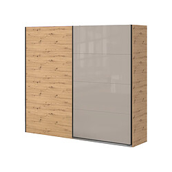 Pegane Armoire placard avec portes coulissantes coloris imitation chêne Artisan, Façade verre gris - Longueur 225 x Profondeur 65 x Hauteur 208 cm