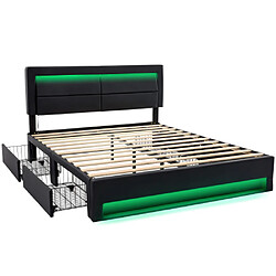 modfu Lit adulte 140x200 cm avec USB, LED et 4 tiroirs, en similicuir, noir pas cher